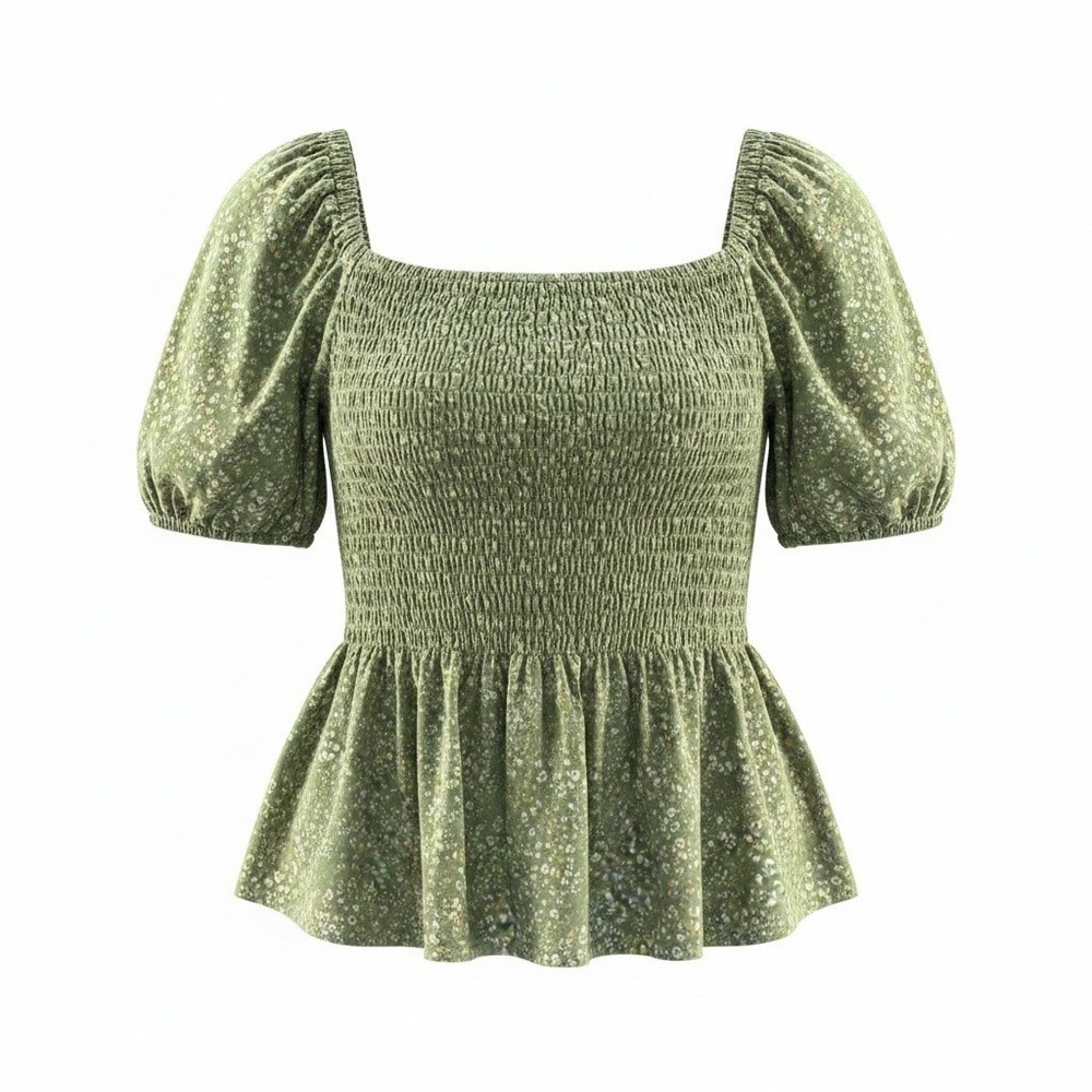 Urban Romantics Peplum Top L Green Smocked Puff Sleeve Floral Fairycore Feminine